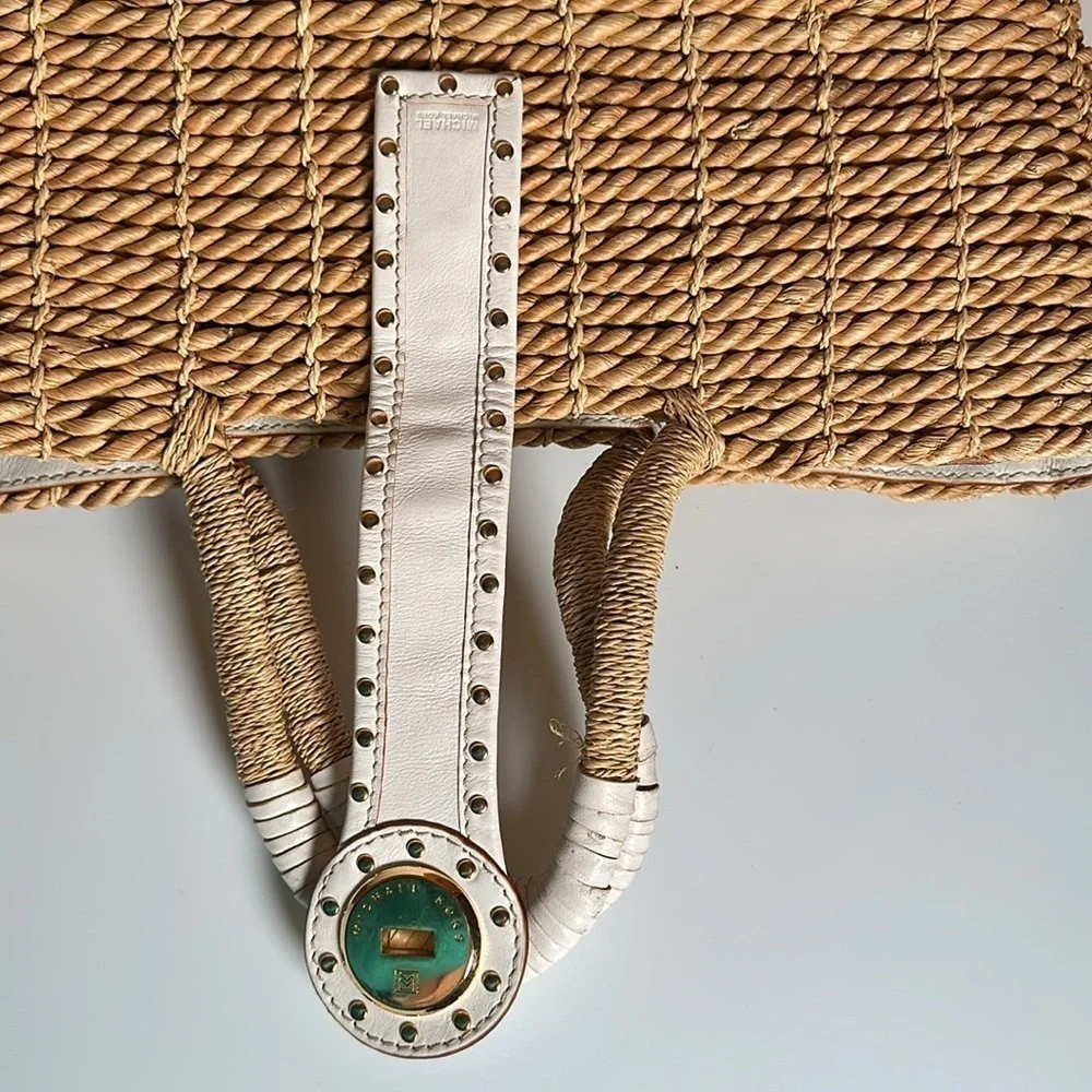 MICHAEL KORS Vintage large straw husk and white leather with gold tone studs